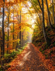 Obraz premium Autumnal Path - A Golden Forest Trail Beckons in the Sunlight.