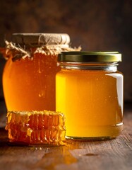Amber honey, jars, and honeycomb piece on a rich brown surface