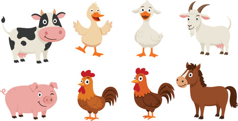 Cartoon farm animals, cow, duck, goat, pig, chicken, horse, cute livestock, children illustration, barnyard animals, vector drawing, colorful, smiling, fun, playful, domestic animals