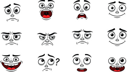 Cartoon facial expressions, emotion icons, character reactions, funny faces, mood illustration, vector clipart, expressive eyes, comic style, emoji design, feelings chart, animated graphics