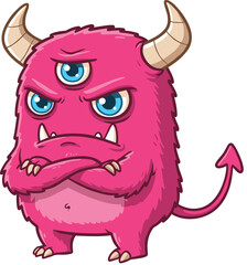 Cartoon monster, pink creature, fantasy character, angry expression, three eyes, furry texture, animation design, creative illustration, horns, tail, emotion, kids media, game asset