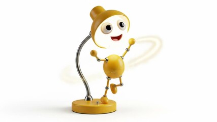 A cheerful yellow lamp character, animated, with a glowing head and jointed limbs, dancing with energy. Pure white background