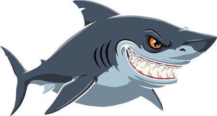 Cartoon shark illustration, aggressive fish, ocean predator, toothy grin, scary sea creature, animated marine animal, fierce shark design, underwater monster, dangerous aquatic character, vector art