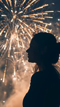 A person's silhouette is captured from behind, gazing up at a vibrant fireworks display bursting across the night sky, creating a moment of quiet awe and celebration.