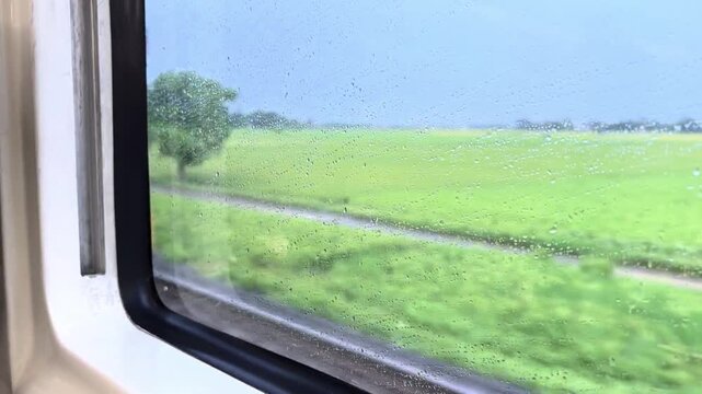 The view from the train window. With a view of beautiful green rice fields, weeds and trees, on a rainy day. And rainwater sticking to the window.