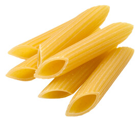 group of raw penne pasta isolated on white background