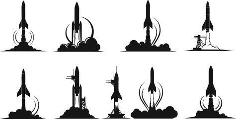 Rocket launch silhouettes, black vector rockets, liftoff illustration, space travel icons, flame and smoke, spacecraft design, aerospace clipart set
