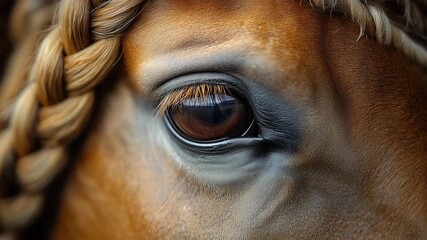 Close up of a horses eye with a braided mane. - Powered by Adobe