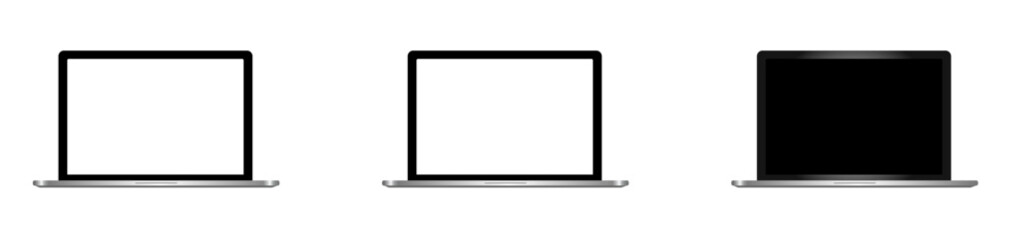 Realistic laptop mockups on transparent background. Vector set of laptop with black, white and transparent screen with silver colour.