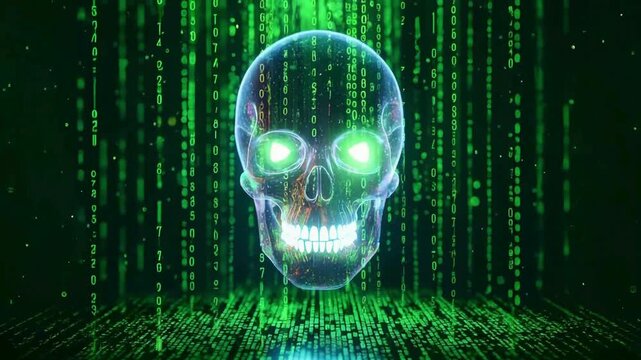 Digital skull in a matrix rain, a chilling glimpse into cybersecurity threats and coding nightmares, perfect for tech thrillers and futuristic horror