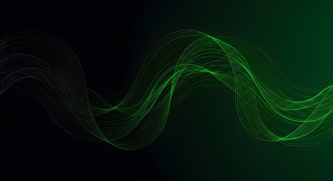 Abstract digital art features a flowing, luminous green wave against a dark, gradient background