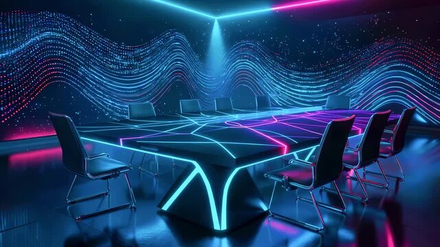 Futuristic boardroom with illuminated table and chairs, in a neon-lit space with data streams
