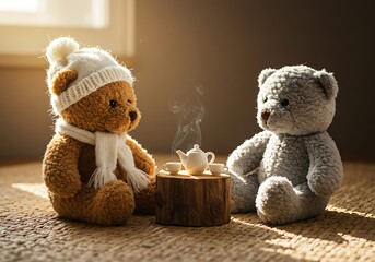 Cozy Winter Teddy Bears Tea Party. Generative Ai