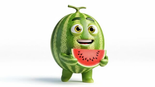 A cartoon watermelon character with a green striped rind, expressive eyes, and a happy smile. It holds a watermelon slice