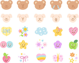 Cute vector illustrations of puppy and teddy bear expressions, apple, cherry, butterfly, flowers, heart for cartoon characters, comic, animals, pet shop, emoji, mood, feelings, emotion, emoticon, pin