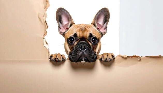 Adorable fawn-colored French Bulldog peeking through torn paper against white backdrop