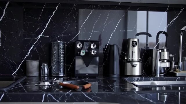Modern kitchen countertop with black marble backsplash and various appliances