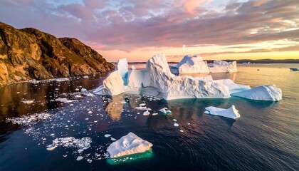 Aerial view of glacial icebergs floating on the ocean under a colorful sunset, cliffs in the background