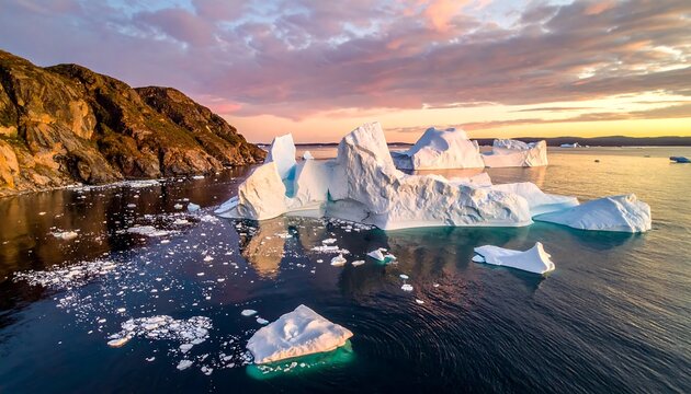 Aerial view of glacial icebergs floating on the ocean under a colorful sunset, cliffs in the background