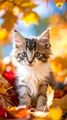 Adorable fluffy kitten with tabby markings nestled amidst vibrant orange and yellow autumn leaves