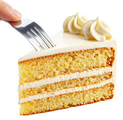 closeup of pricking the slice of vanilla cake with a fork