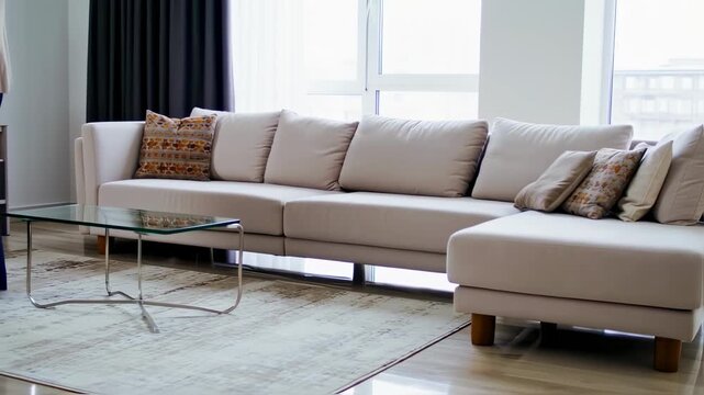 Modern living room with a light beige sectional sofa, glass coffee table, and patterned throw pillows