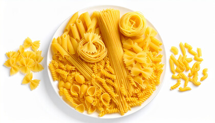 top view of mix raw pasta assorted on circle big plate