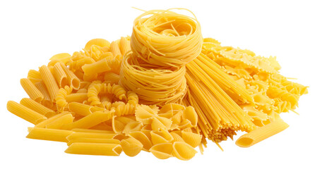 pile of mix raw yellow pasta in variation shapes isolated on white background