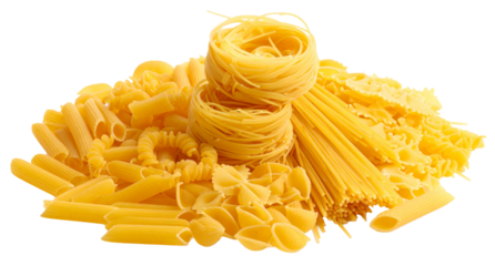 pile of mix raw yellow pasta in variation shapes isolated on white background
