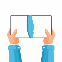 Hands Holding Torn White Paper with Blue Shape in the Middle