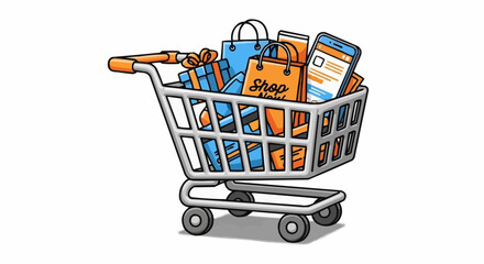 Shopping Cart Illustration E-commerce Concept Featuring Gifts, Bags, and Mobile Shopping
