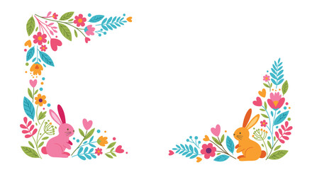 A charming illustration featuring two adorable bunnies nestled amongst a vibrant array of spring flowers and foliage.