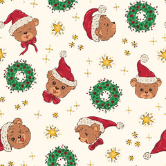Christmas Seamless Pattern with Cute Teddy Bears in Santa Hat with Christmas wreath and Shining Stars, vector illustration