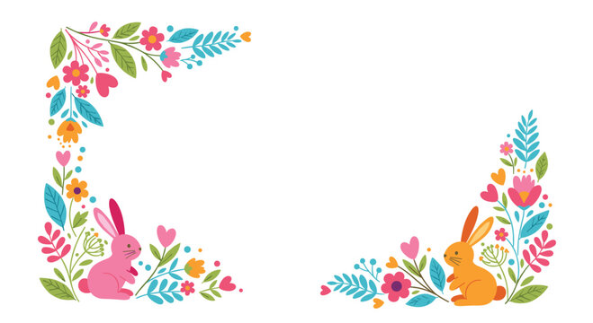 A charming illustration featuring two adorable bunnies nestled amongst a vibrant array of spring flowers and foliage.