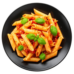 top view of a black plate of penne pasta with basil leaves and tomato sauces