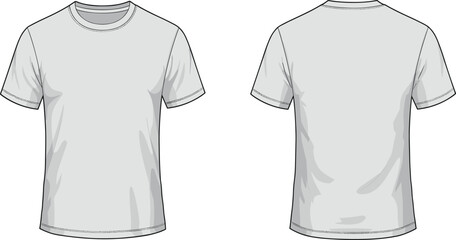 Plain light gray t shirt front and back view, blank apparel template, fashion clothing mockup, casual short sleeve garment illustration, unisex design, vector style