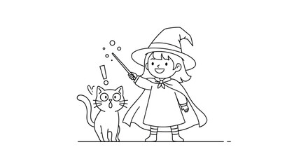 A playful young witch and her surprised feline companion conjuring magical sparks with their wands.