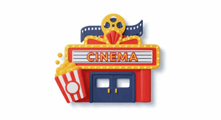3D illustration of a vintage cinema building, featuring popcorn and the word 'cinema', a classic entertainment venue