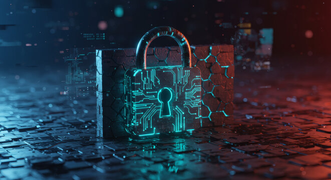 Futuristic Digital Padlock Icon Representing Cybersecurity and Data Protection - Powered by Adobe