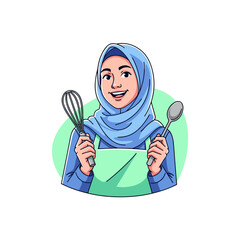 Smiling Muslim Female Chef in Hijab Holding Whisk and Spoon Kitchen Utensils Illustration