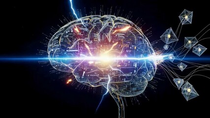 Dynamic digital brain with glowing connections suggests artificial intelligence, innovation, and futuristic technology for medical or business concepts - Powered by Adobe