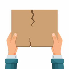 Hands Holding a Ripped Brown Cardboard Sign with a Central Crack