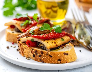 Appetizing bruschetta, topped with fish, sun-dried tomatoes, and herbs
