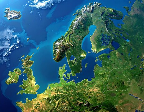 A vibrant, detailed aerial view of the Scandinavian and British Isles, highlighting geographic features