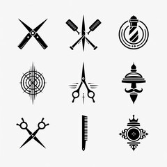 Naklejka premium A collection of black and white barber-themed icons, including scissors, combs, and barbershop symbols, arranged in a grid pattern.