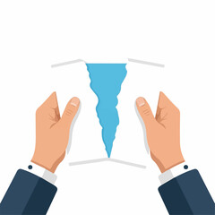 Hands Tearing Paper Revealing Blue Abstract Shape, Flat Design