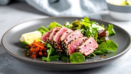 Appetizing grilled tuna steak with sesame crust and vibrant salad