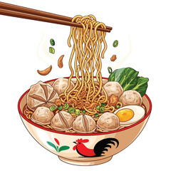 Delicious Indonesian Bakso Noodle Soup with Meatballs, Bok Choy, and Egg, Eaten with Chopsticks