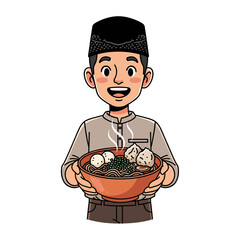 Happy Indonesian Man in Peci Hat Holding a Steaming Bowl of Bakso Noodle Soup, Cartoon Character