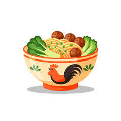 Classic Indonesian Bakso Noodle Soup with Meatballs and Bok Choy in a Traditional Chicken Bowl